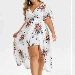 Plus Size White Floral High Low Dress